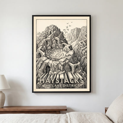 Haystacks travel poster in a black frame, hanging in a bedroom3