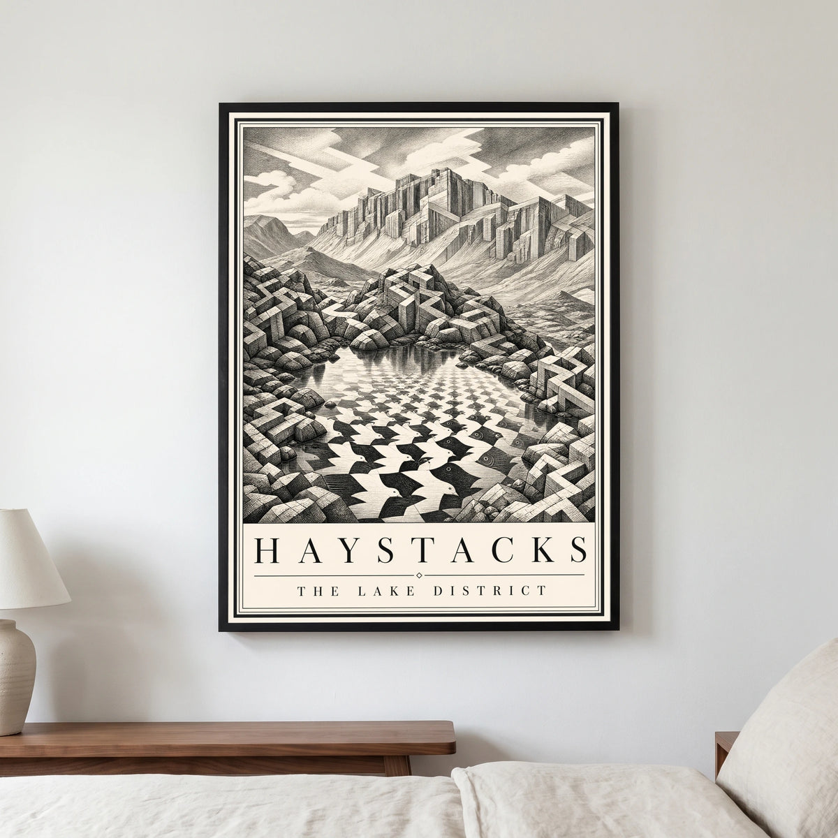 Haystacks travel poster in a black frame, hanging in a bedroom3