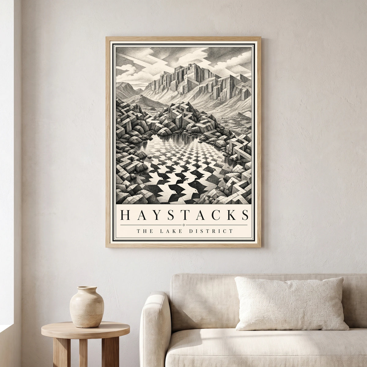 Haystacks travel poster in a natural frame, hanging in a living