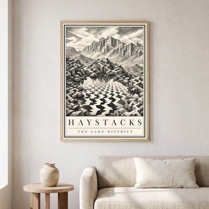Haystacks travel poster in a natural frame, hanging in a living