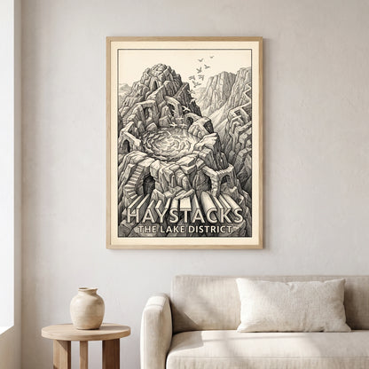 Haystacks travel poster in a natural frame, hanging in a living
