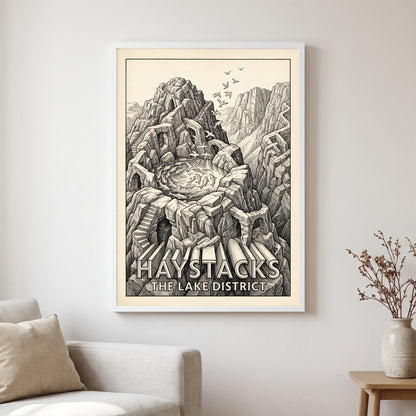 Haystacks travel poster in a white frame, hanging in a living2
