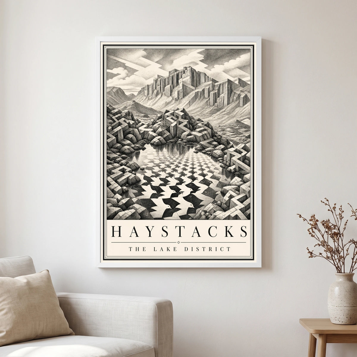 Haystacks travel poster in a white frame, hanging in a living2