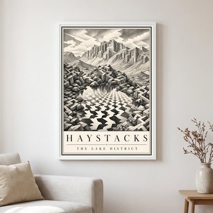 Haystacks travel poster in a white frame, hanging in a living2