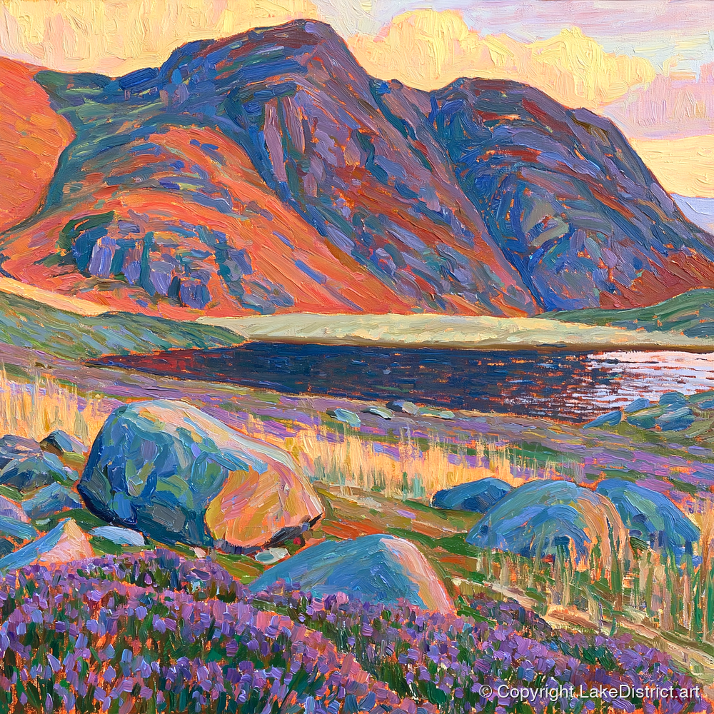 Haystacks in Fiery Light - lake district fell art print and canvas by Celia Harding A.I