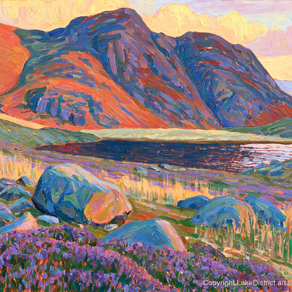 Haystacks in Fiery Light - lake district fell art print and canvas by Celia Harding A.I