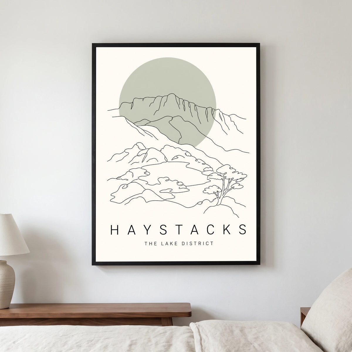 Haystacks travel poster in a black frame, hanging in a bedroom3