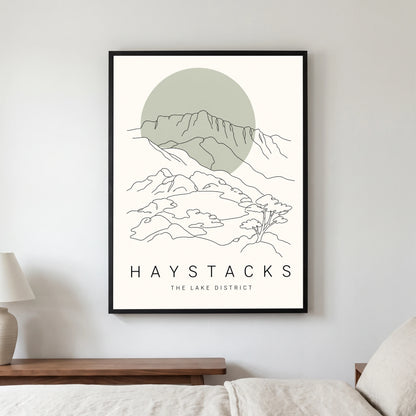 Haystacks travel poster in a black frame, hanging in a bedroom3
