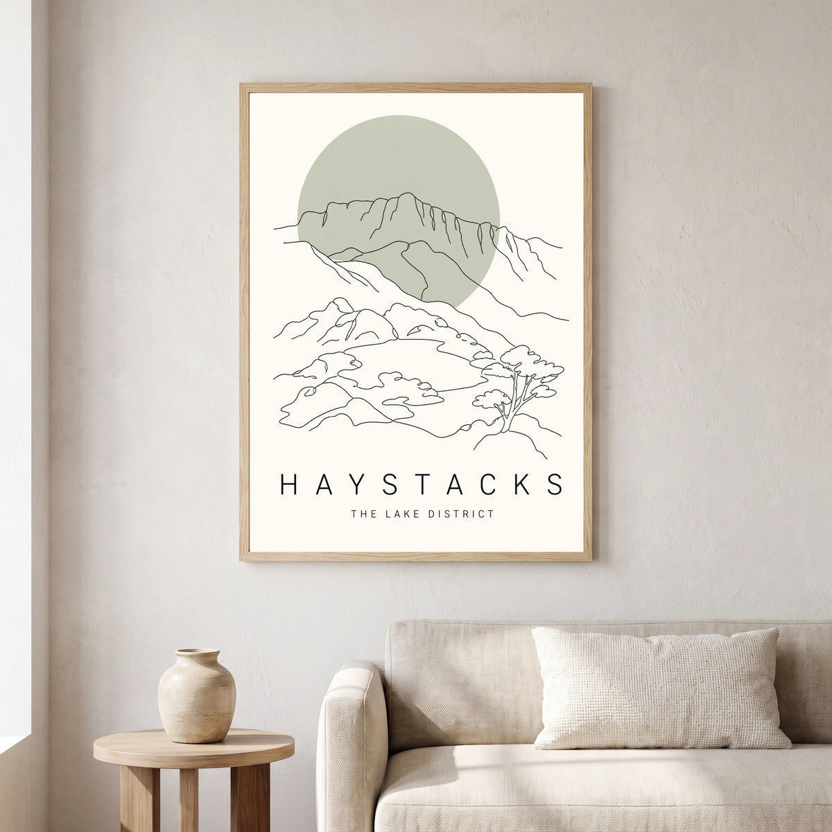 Haystacks travel poster in a natural frame, hanging in a living