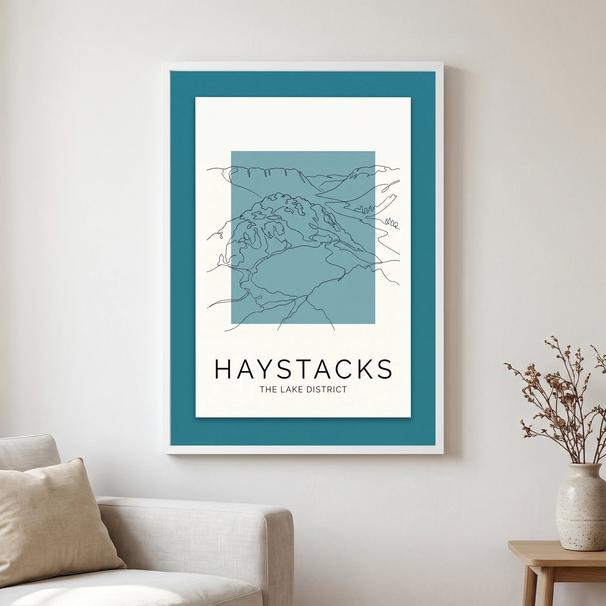 Haystacks travel poster in a white frame, hanging in a living2