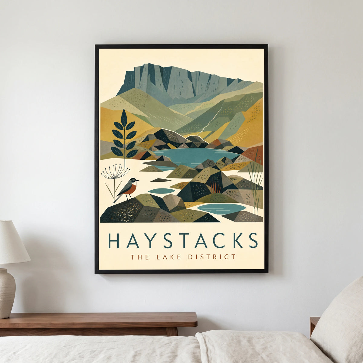 Haystacks travel poster in a black frame, hanging in a bedroom3
