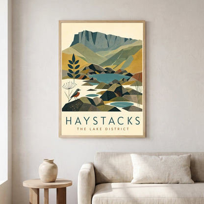 Haystacks travel poster in a natural frame, hanging in a living