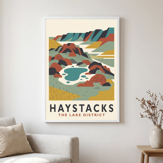 Haystacks travel poster in a white frame, hanging in a living2
