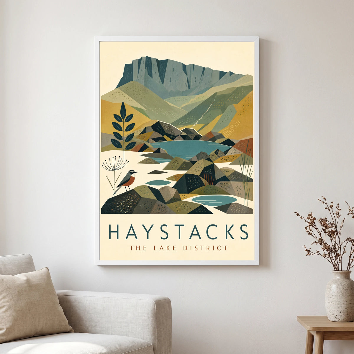 Haystacks travel poster in a white frame, hanging in a living2