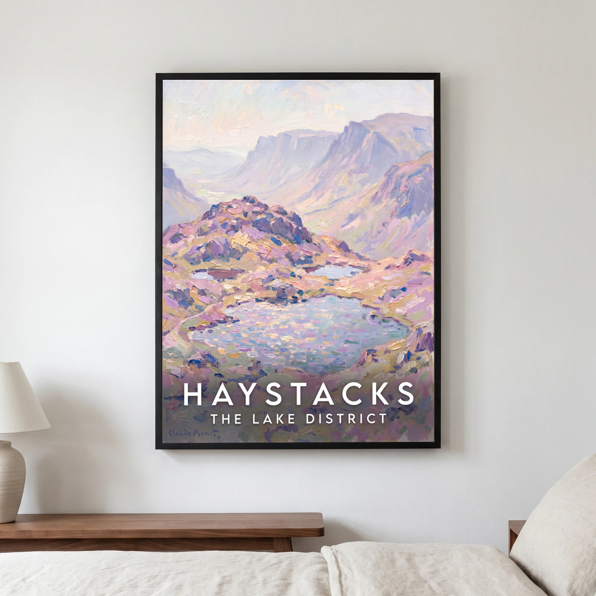Haystacks travel poster in a black frame, hanging in a bedroom3