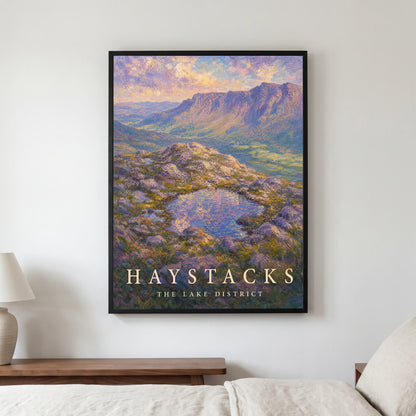 Haystacks travel poster in a black frame, hanging in a bedroom3