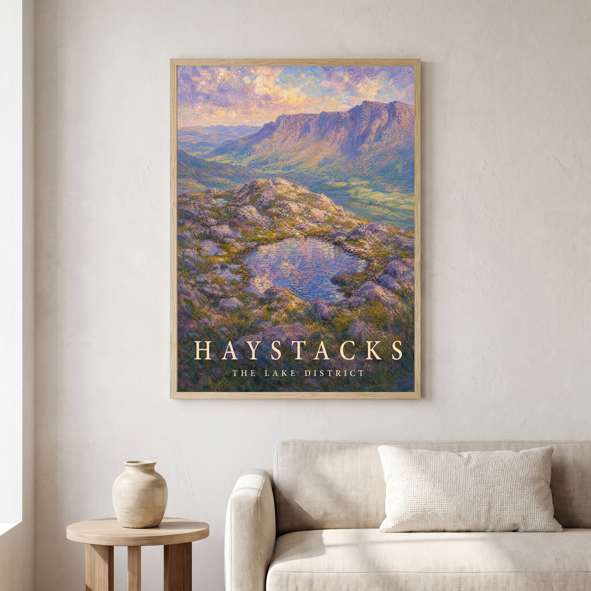 Haystacks travel poster in a natural frame, hanging in a living