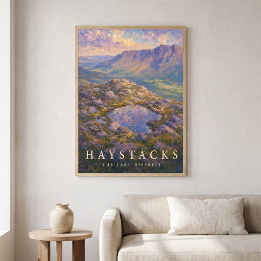 Haystacks travel poster in a natural frame, hanging in a living