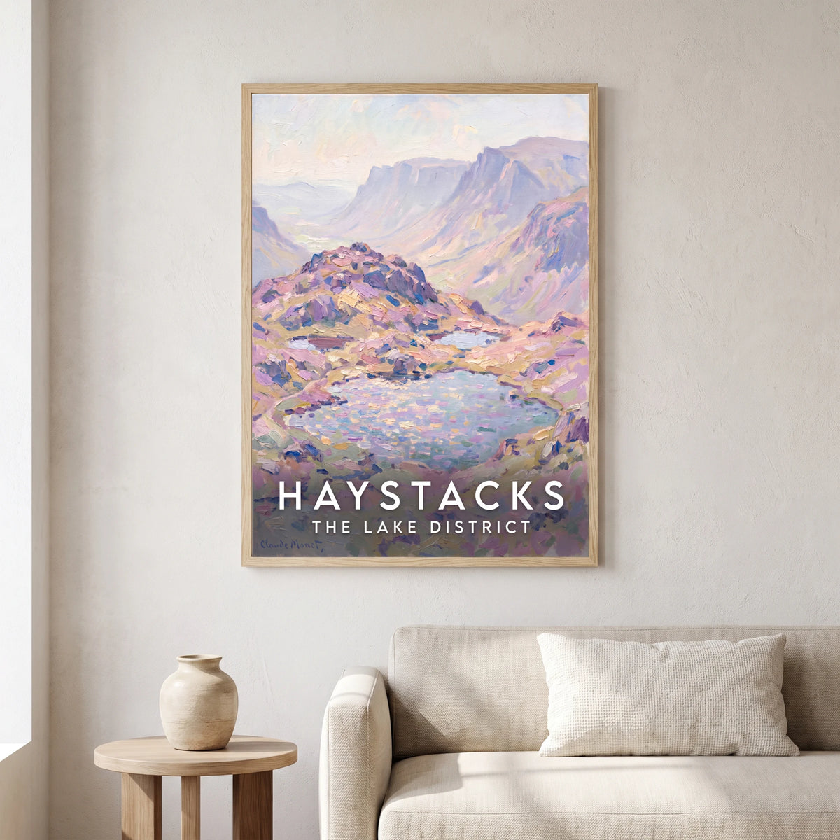 Haystacks travel poster in a natural frame, hanging in a living