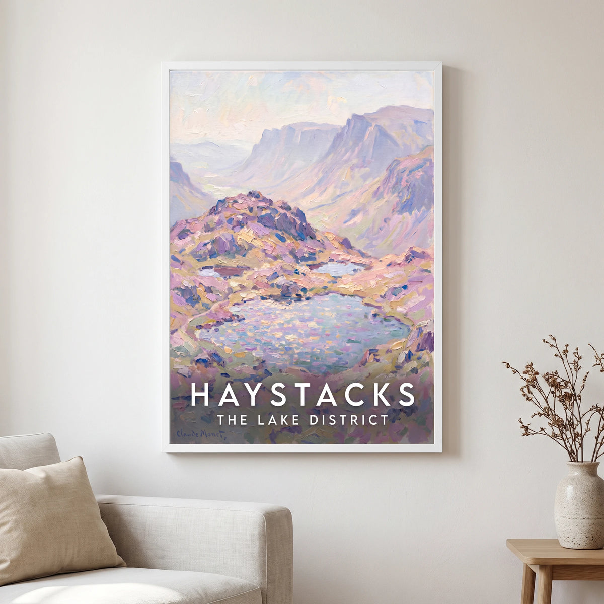 Haystacks travel poster in a white frame, hanging in a living2