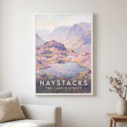 Haystacks travel poster in a white frame, hanging in a living2