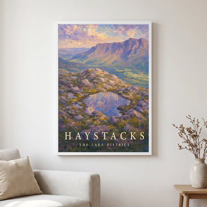 Haystacks travel poster in a white frame, hanging in a living2