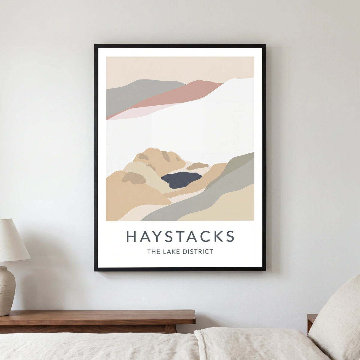 Haystacks travel poster in a black frame, hanging in a bedroom3