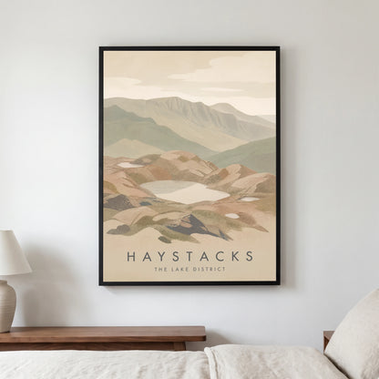 Haystacks travel poster in a black frame, hanging in a bedroom3