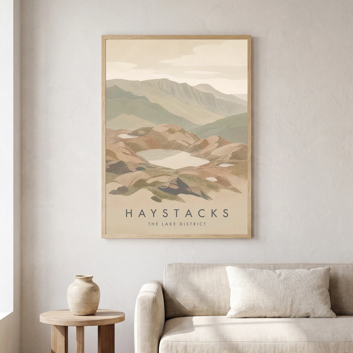 Haystacks travel poster in a natural frame, hanging in a living
