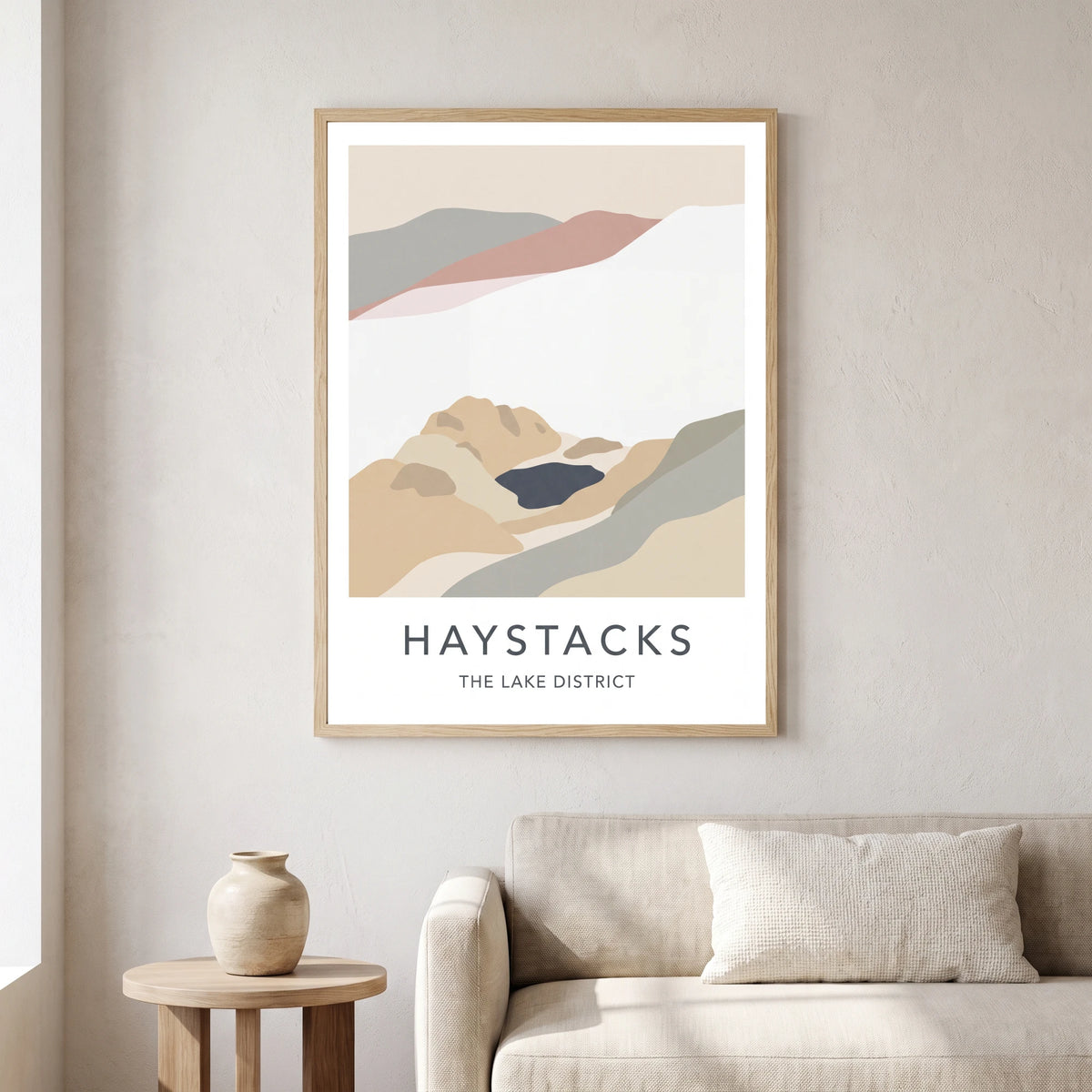 Haystacks travel poster in a natural frame, hanging in a living
