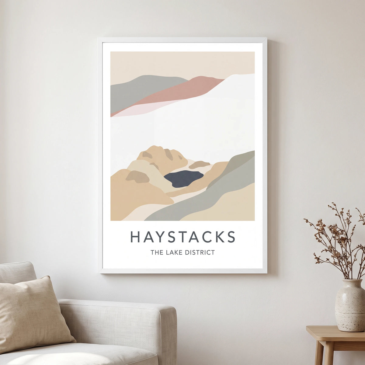 Haystacks travel poster in a white frame, hanging in a living2