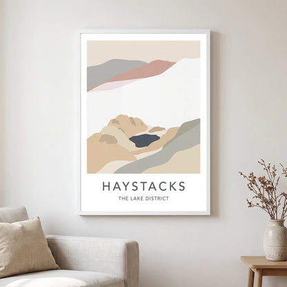 Haystacks travel poster in a white frame, hanging in a living2