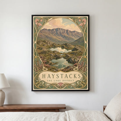 Haystacks travel poster in a black frame, hanging in a bedroom3