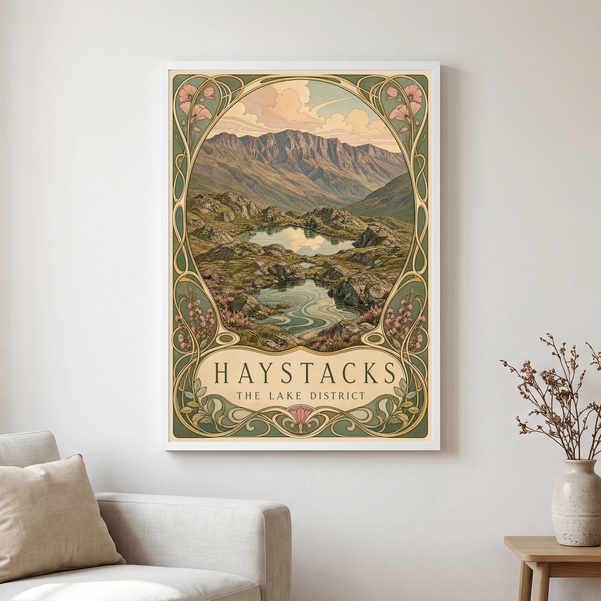 Haystacks travel poster in a white frame, hanging in a living2