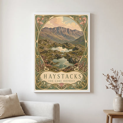 Haystacks travel poster in a white frame, hanging in a living2