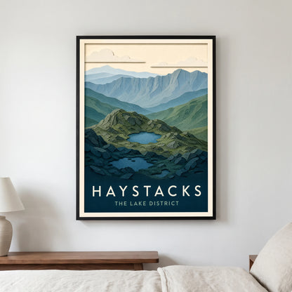 Haystacks travel poster in a black frame, hanging in a bedroom3