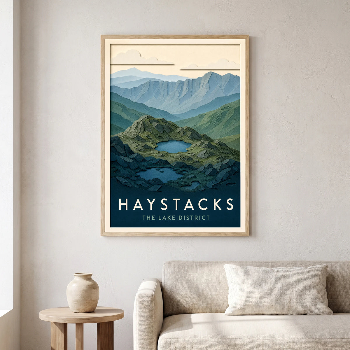 Haystacks travel poster in a natural frame, hanging in a living