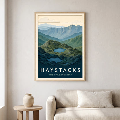 Haystacks travel poster in a natural frame, hanging in a living