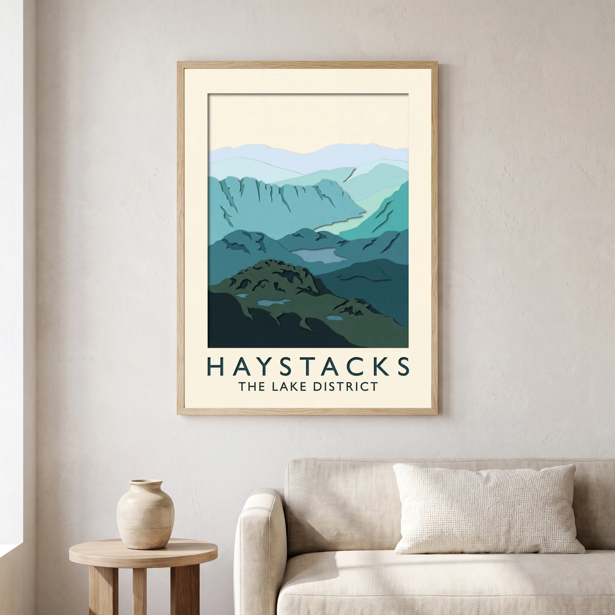 Haystacks travel poster in a natural frame, hanging in a living