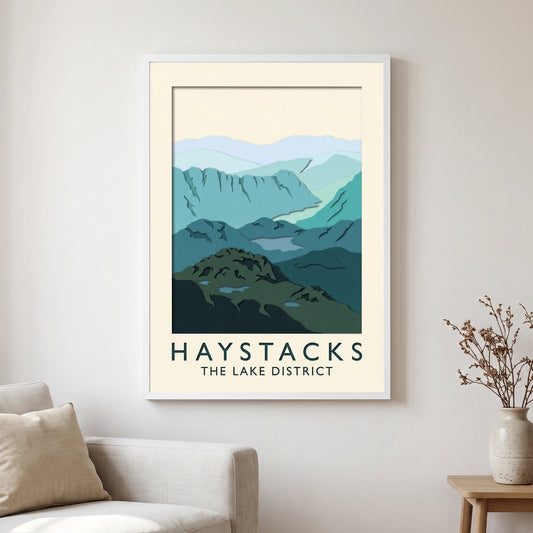 Haystacks travel poster in a white frame, hanging in a living2