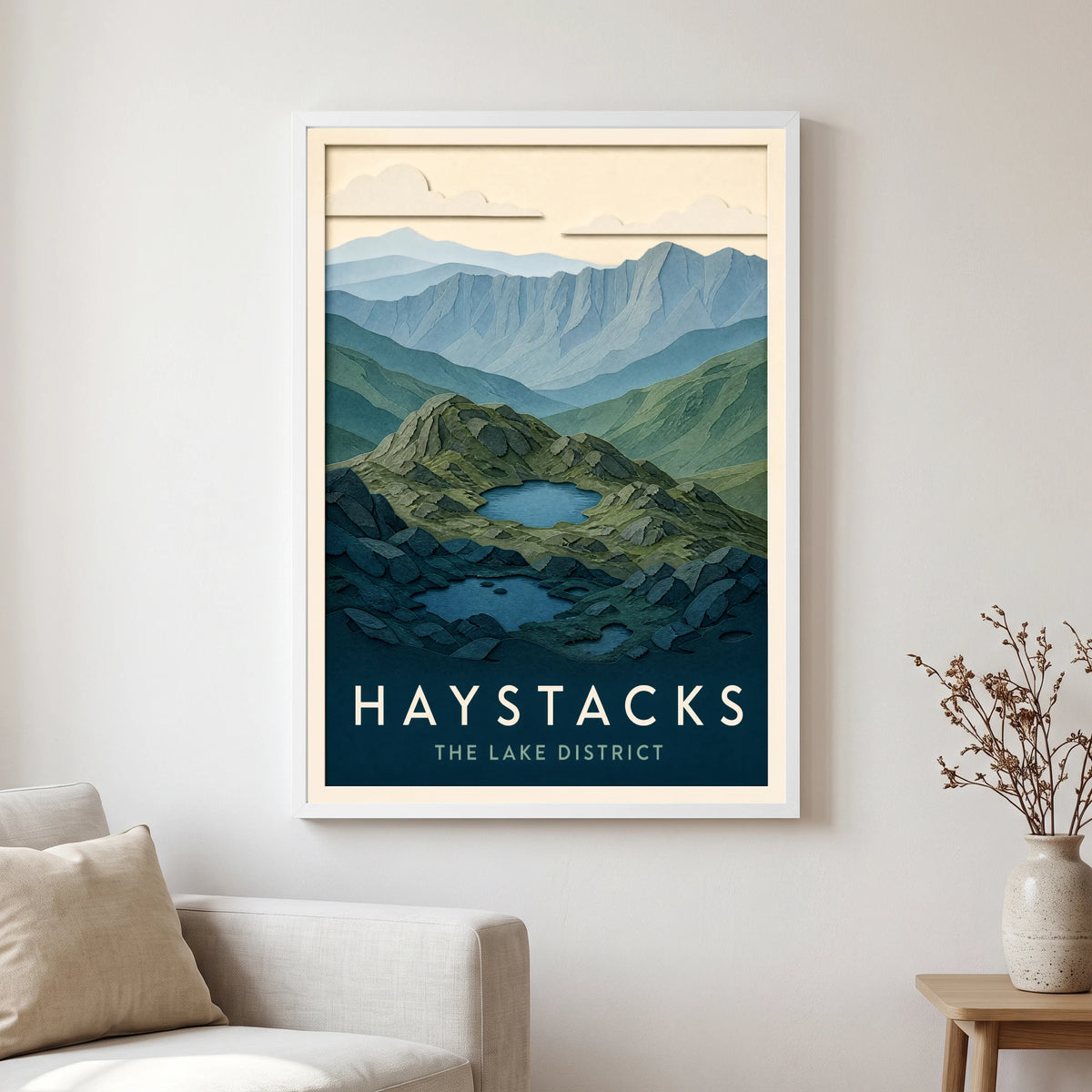 Haystacks travel poster in a white frame, hanging in a living2
