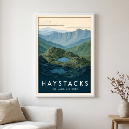 Haystacks travel poster in a white frame, hanging in a living2