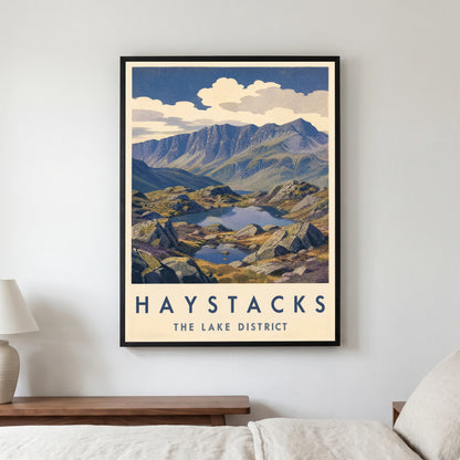 Haystacks travel poster in a black frame, hanging in a bedroom3