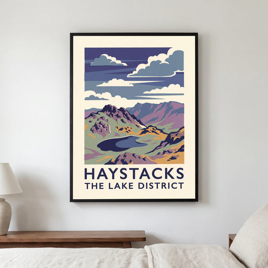 Haystacks travel poster in a black frame, hanging in a bedroom3