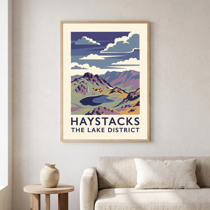 Haystacks travel poster in a natural frame, hanging in a living