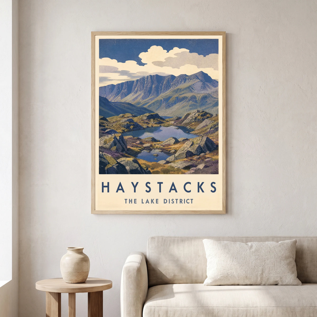 Haystacks travel poster in a natural frame, hanging in a living
