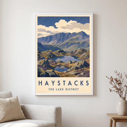 Haystacks travel poster in a white frame, hanging in a living2