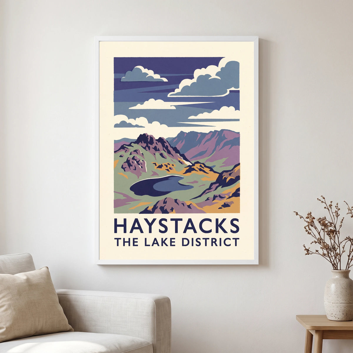 Haystacks travel poster in a white frame, hanging in a living2