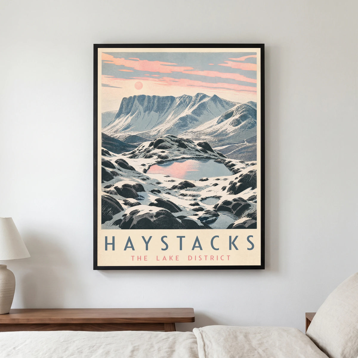 Haystacks travel poster in a black frame, hanging in a bedroom3