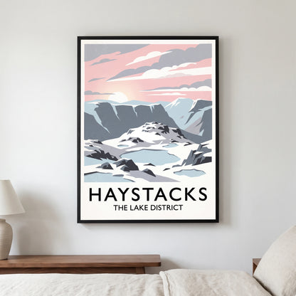 Haystacks travel poster in a black frame, hanging in a bedroom3